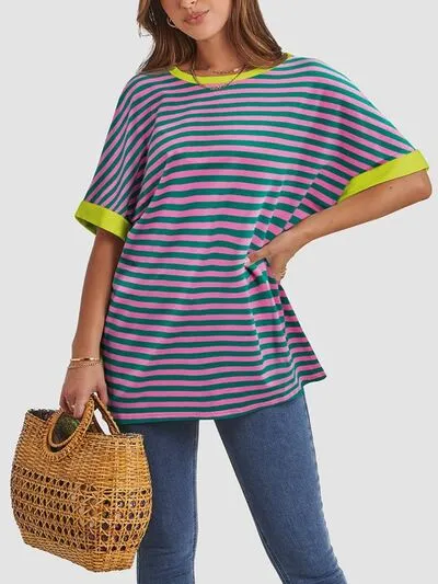 Hazel Blues® |  Contrast Striped Round Neck Half Sleeve T-Shirt