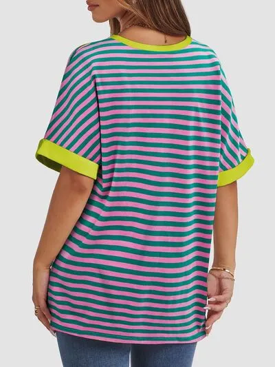 Hazel Blues® |  Contrast Striped Round Neck Half Sleeve T-Shirt