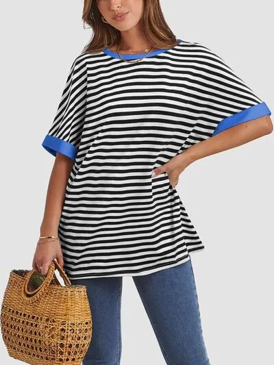 Hazel Blues® |  Contrast Striped Round Neck Half Sleeve T-Shirt