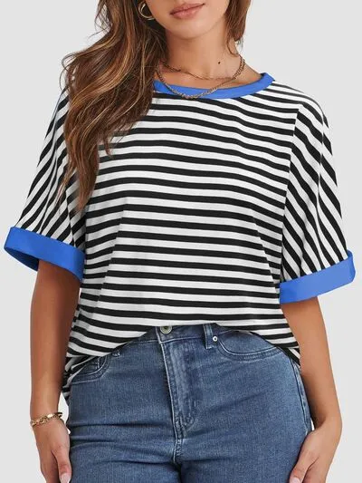 Hazel Blues® |  Contrast Striped Round Neck Half Sleeve T-Shirt