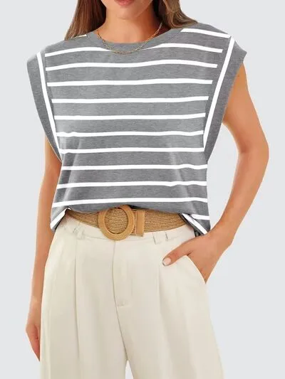 Hazel Blues® |  Florira Striped Round Neck Cap Sleeve T-Shirt