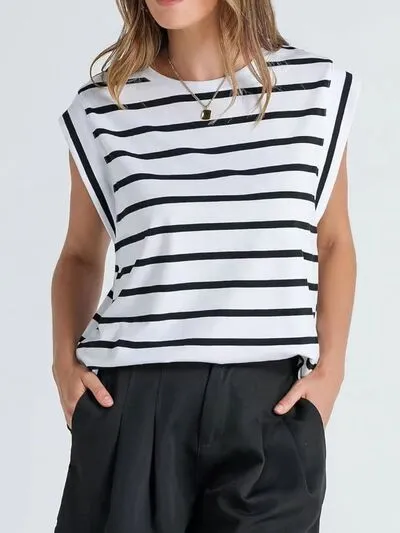 Hazel Blues® |  Florira Striped Round Neck Cap Sleeve T-Shirt