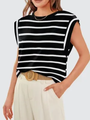 Hazel Blues® |  Florira Striped Round Neck Cap Sleeve T-Shirt