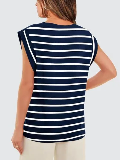 Hazel Blues® |  Florira Striped Round Neck Cap Sleeve T-Shirt