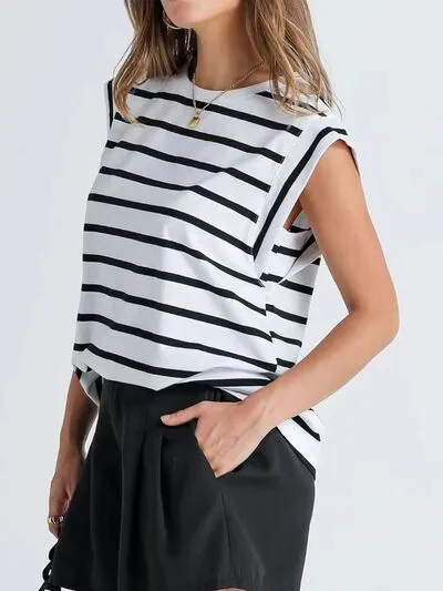 Hazel Blues® |  Florira Striped Round Neck Cap Sleeve T-Shirt