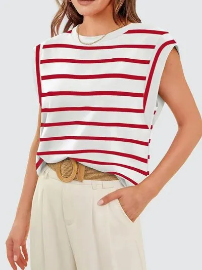 Hazel Blues® |  Florira Striped Round Neck Cap Sleeve T-Shirt
