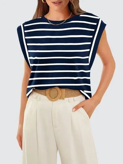 Hazel Blues® |  Florira Striped Round Neck Cap Sleeve T-Shirt
