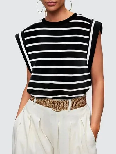 Hazel Blues® |  Florira Striped Round Neck Cap Sleeve T-Shirt