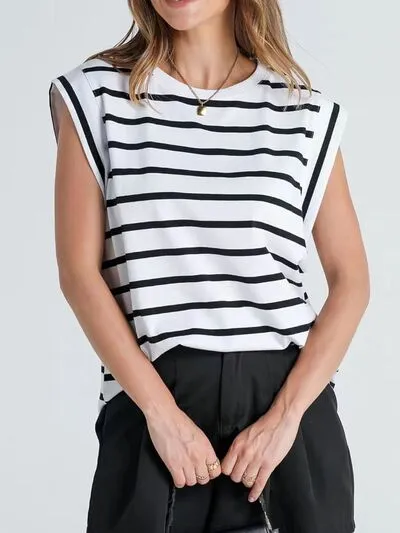 Hazel Blues® |  Florira Striped Round Neck Cap Sleeve T-Shirt