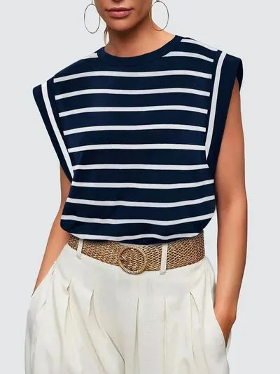 Hazel Blues® |  Florira Striped Round Neck Cap Sleeve T-Shirt
