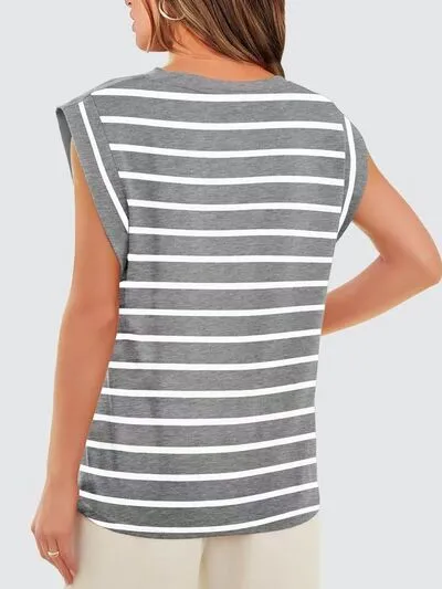Hazel Blues® |  Florira Striped Round Neck Cap Sleeve T-Shirt
