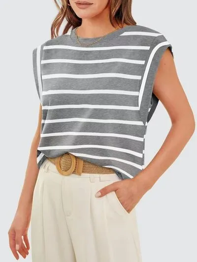 Hazel Blues® |  Florira Striped Round Neck Cap Sleeve T-Shirt