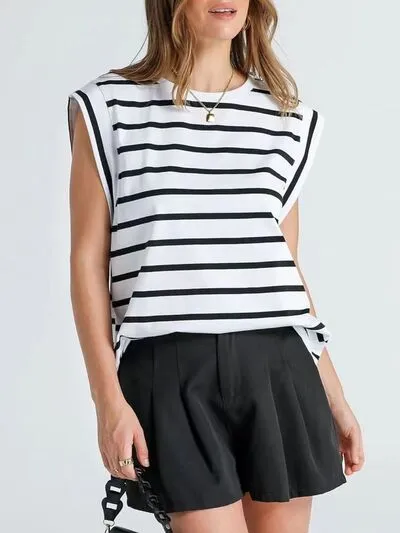 Hazel Blues® |  Florira Striped Round Neck Cap Sleeve T-Shirt