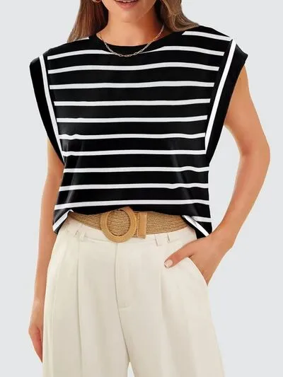 Hazel Blues® |  Florira Striped Round Neck Cap Sleeve T-Shirt