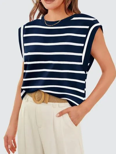 Hazel Blues® |  Florira Striped Round Neck Cap Sleeve T-Shirt