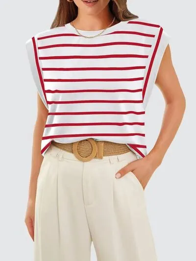 Hazel Blues® |  Florira Striped Round Neck Cap Sleeve T-Shirt