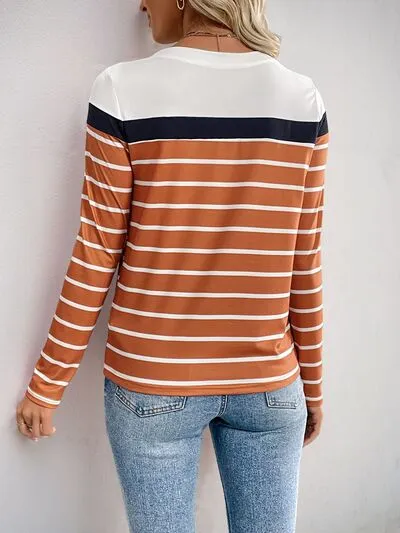 Hazel Blues® |  Perfee Contrast Striped Round Neck Long Sleeve T-Shirt