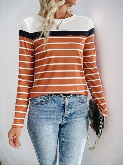 Hazel Blues® |  Perfee Contrast Striped Round Neck Long Sleeve T-Shirt