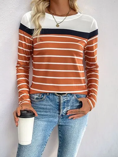 Hazel Blues® |  Perfee Contrast Striped Round Neck Long Sleeve T-Shirt