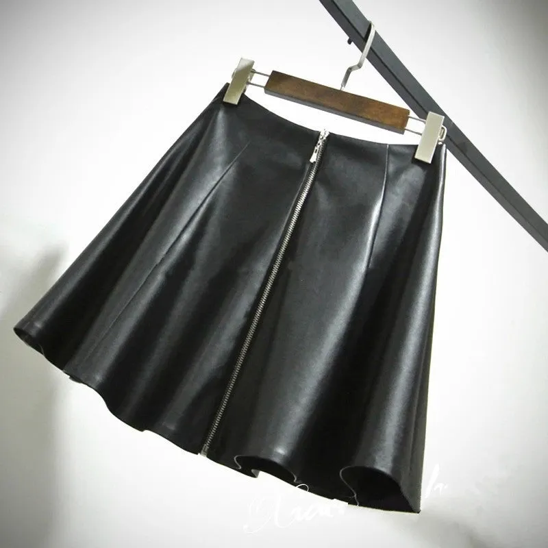 High Waist Novelty Faux PU Mini Leather Skirt Women 7XL Plus Size Pleated Short Zipper Stitching Flared Skirt