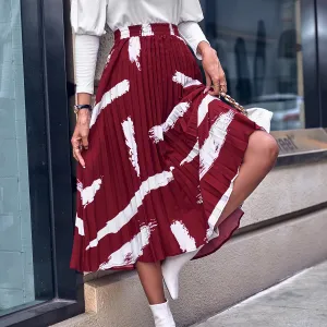 High Waist Pleated Midi Maxi Skirt with Abstract Print - Chiffon/Polyester Blend