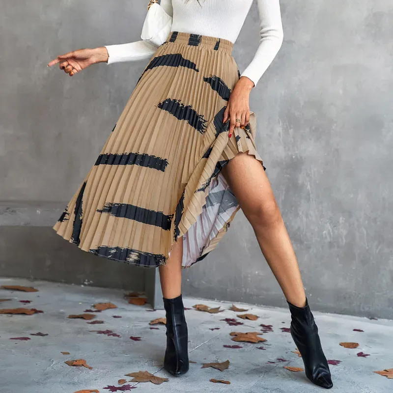 High Waist Pleated Midi Maxi Skirt with Abstract Print - Chiffon/Polyester Blend
