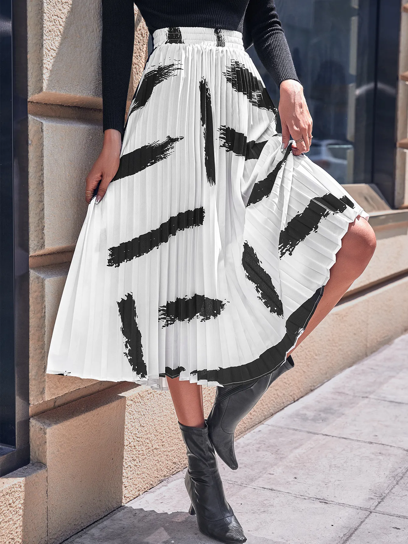 High Waist Pleated Midi Maxi Skirt with Abstract Print - Chiffon/Polyester Blend