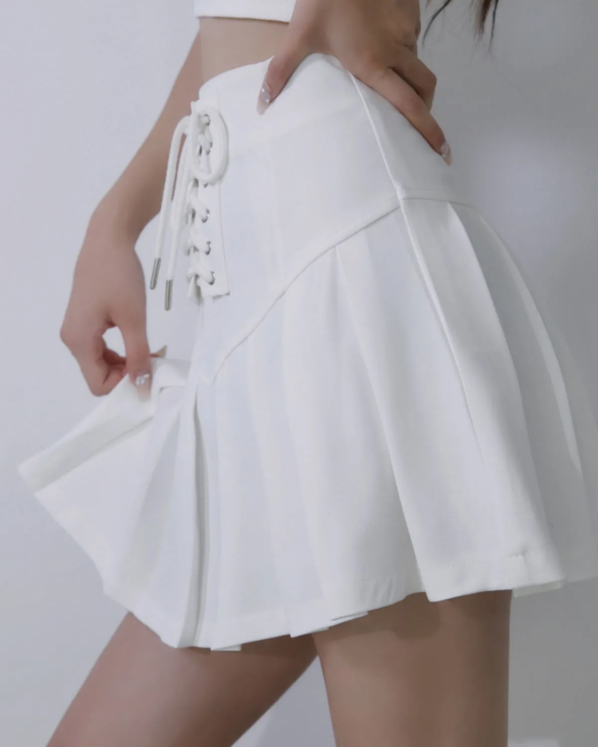 high waist straps thin pleated short skirt