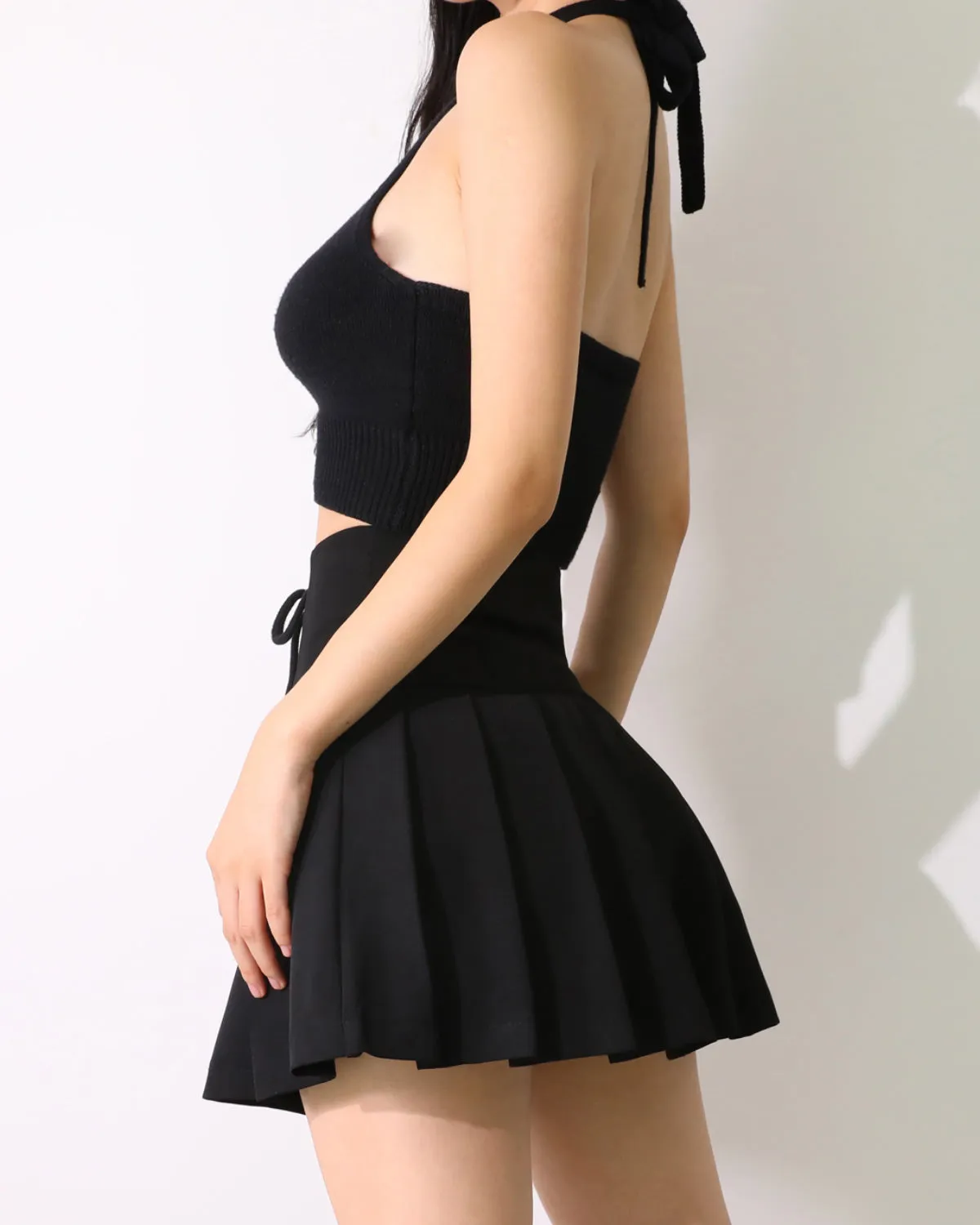 high waist straps thin pleated short skirt
