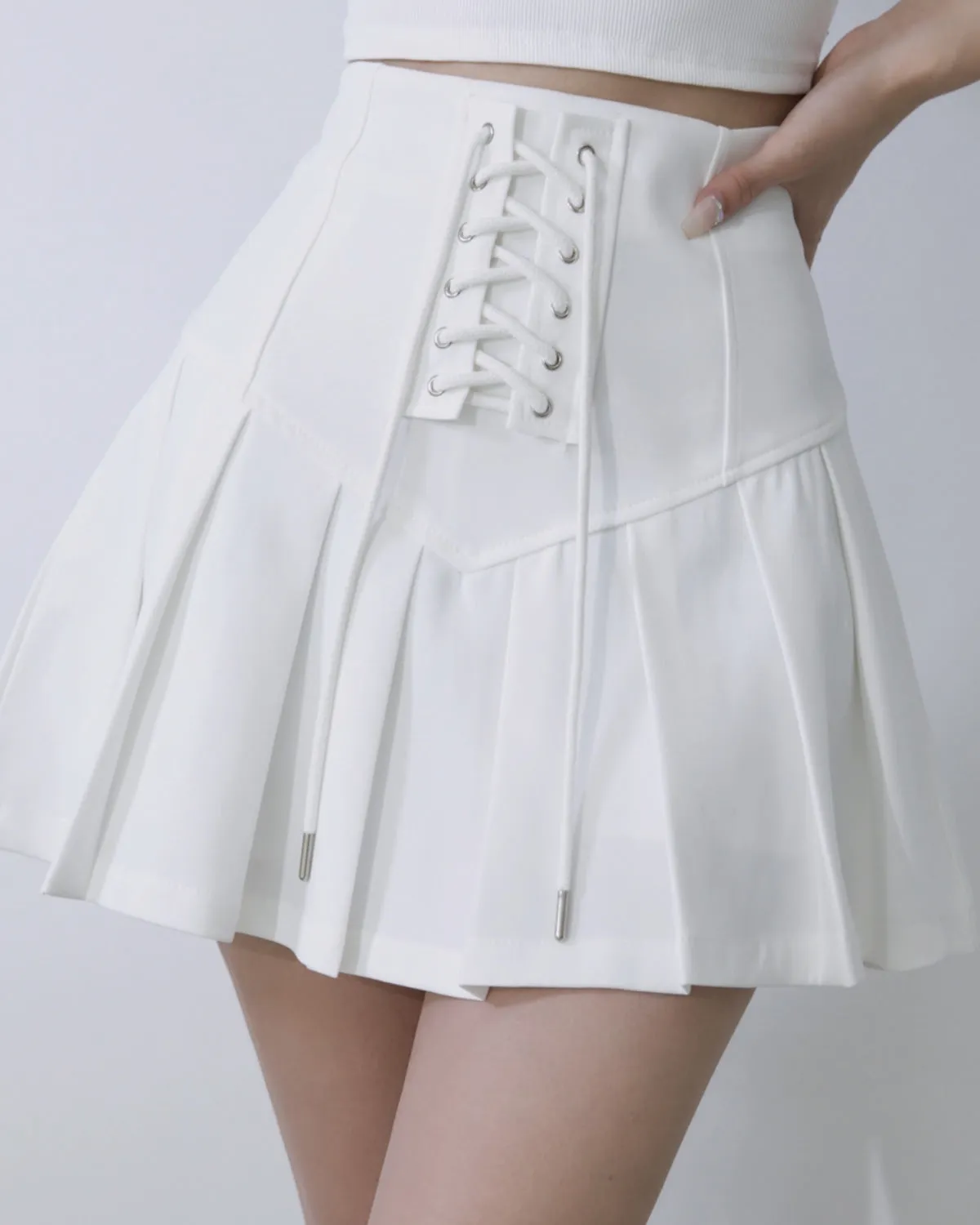 high waist straps thin pleated short skirt