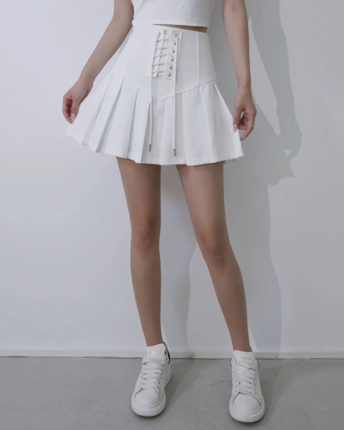 high waist straps thin pleated short skirt
