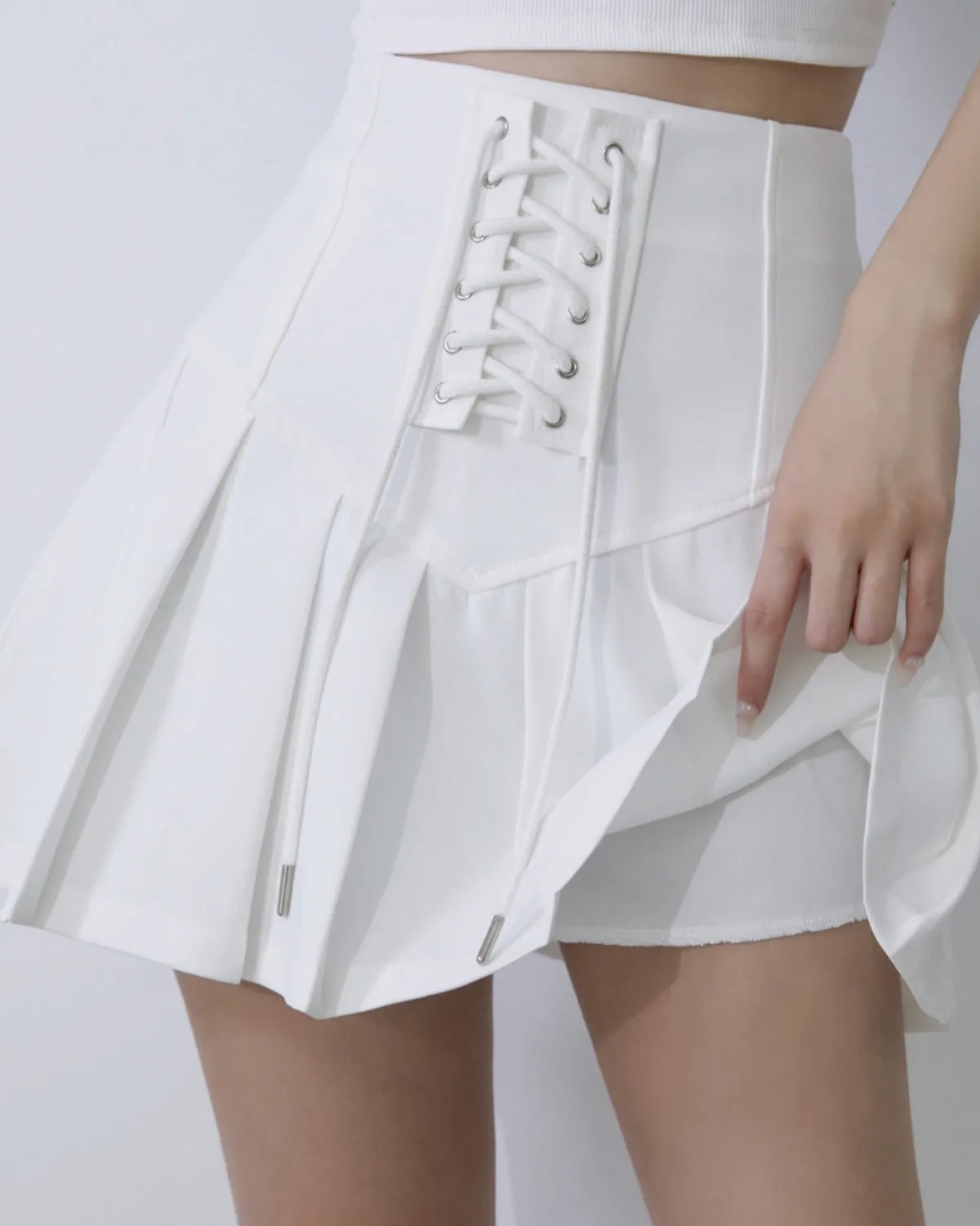 high waist straps thin pleated short skirt