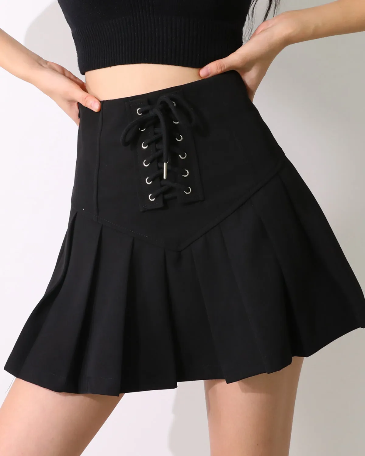 high waist straps thin pleated short skirt