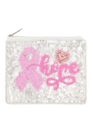 HOPE PINK RIBBON AWARENESS SEQUIN AND SEED BEADS COIN POUCH