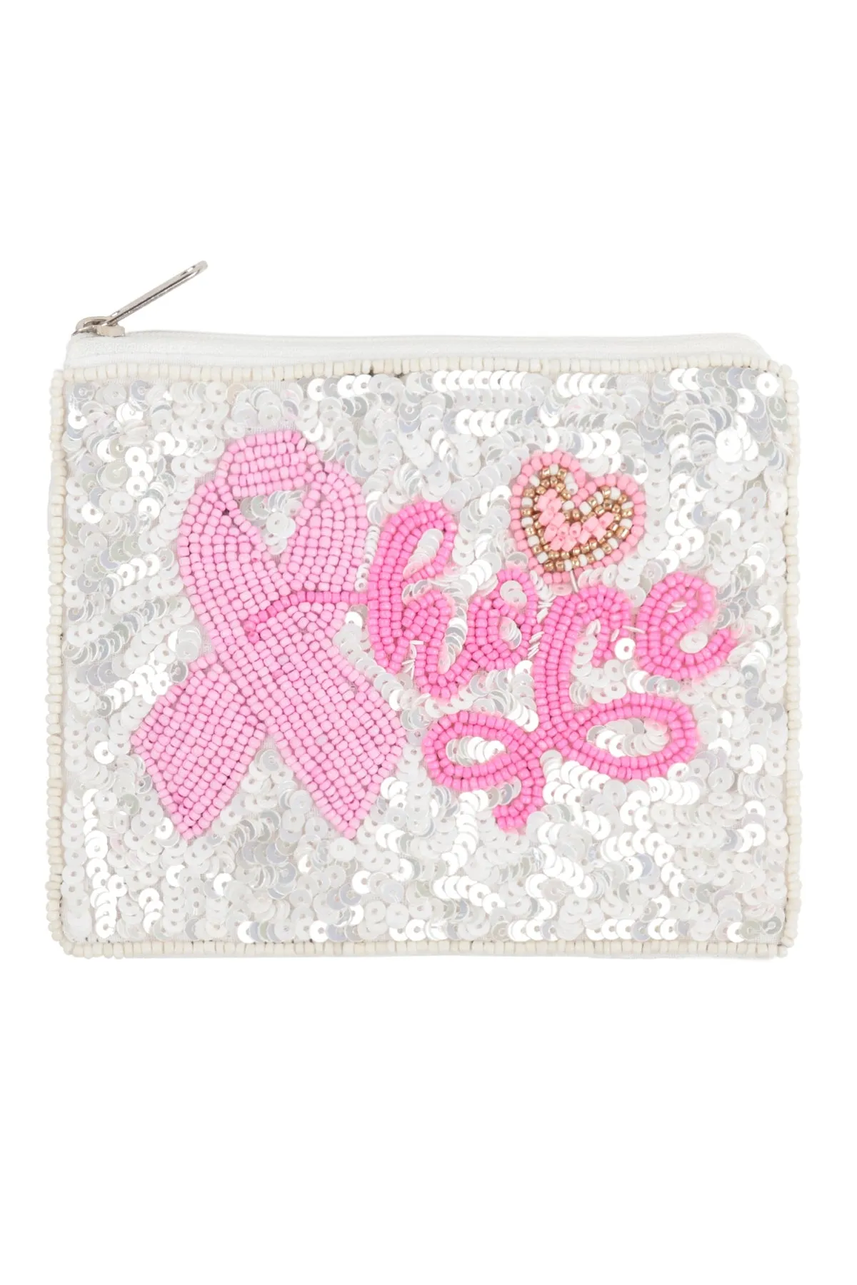 HOPE PINK RIBBON AWARENESS SEQUIN AND SEED BEADS COIN POUCH