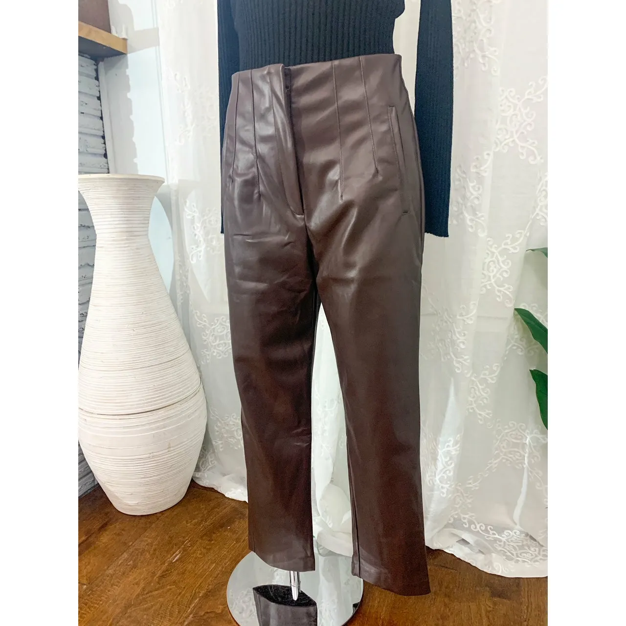 It's Time High Waist Faux Leather Pants - Brown