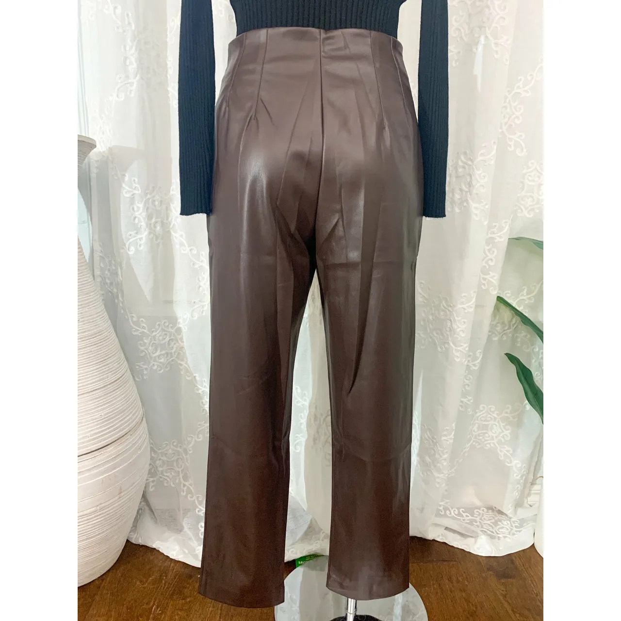 It's Time High Waist Faux Leather Pants - Brown