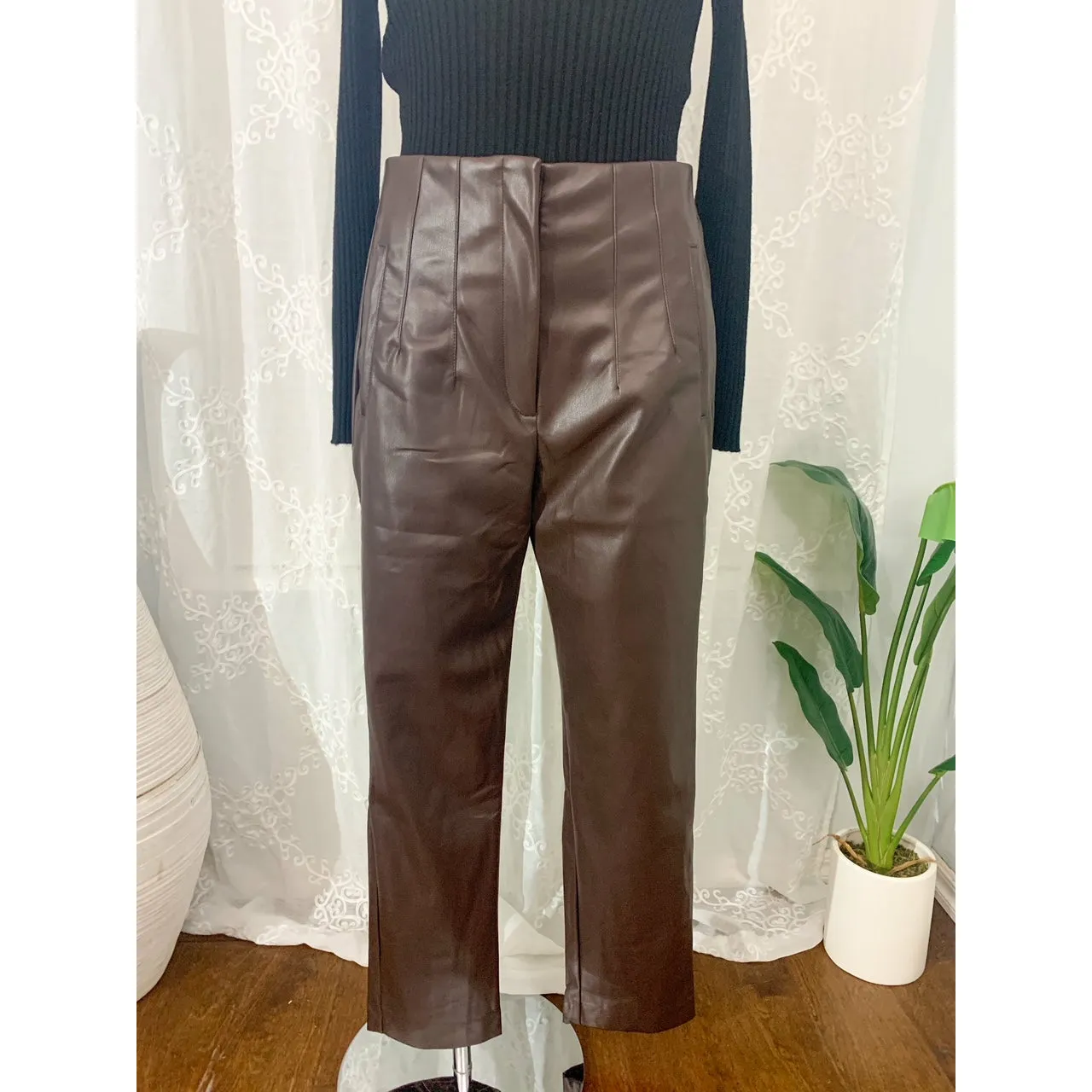 It's Time High Waist Faux Leather Pants - Brown
