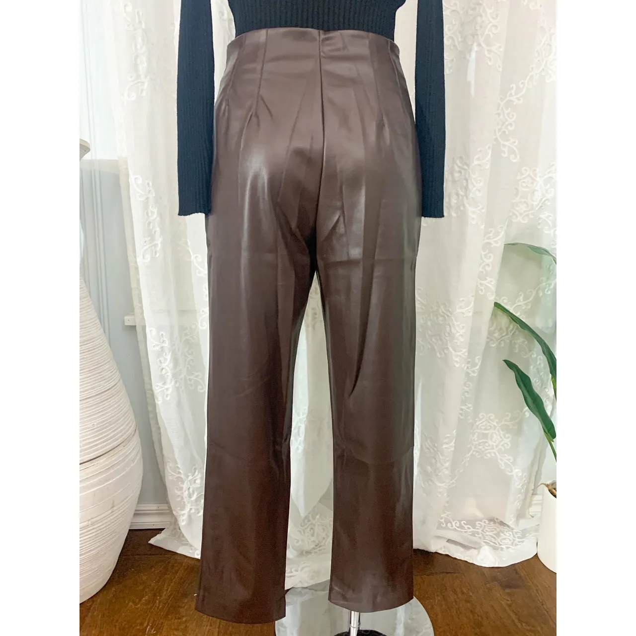 It's Time High Waist Faux Leather Pants - Brown