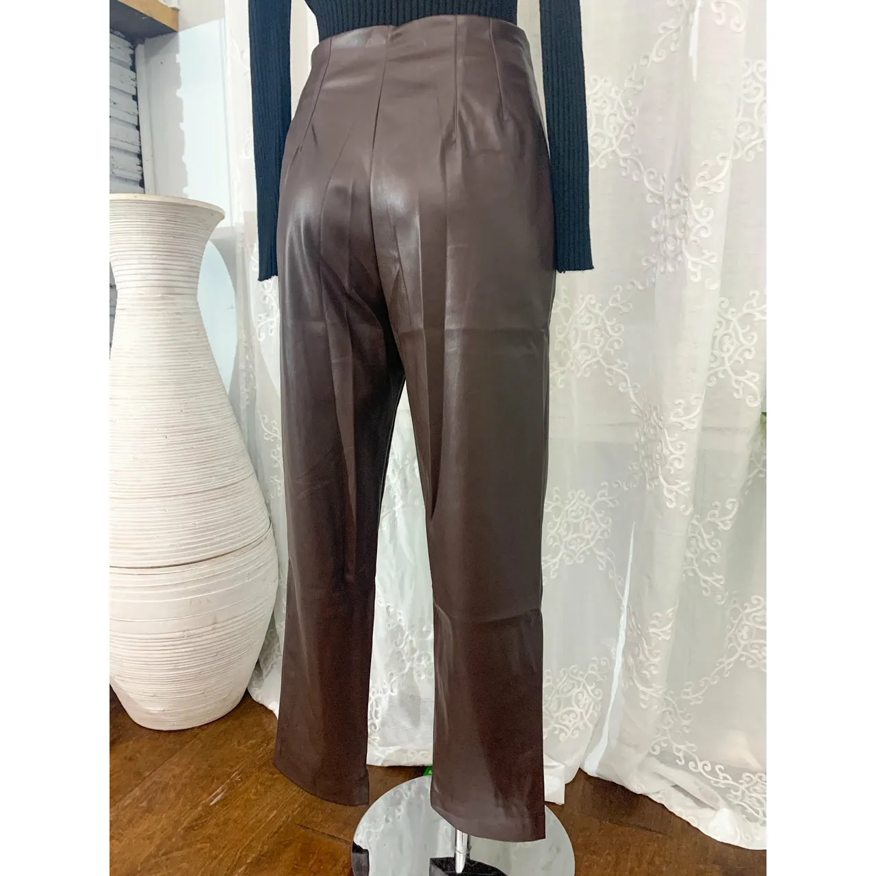 It's Time High Waist Faux Leather Pants - Brown