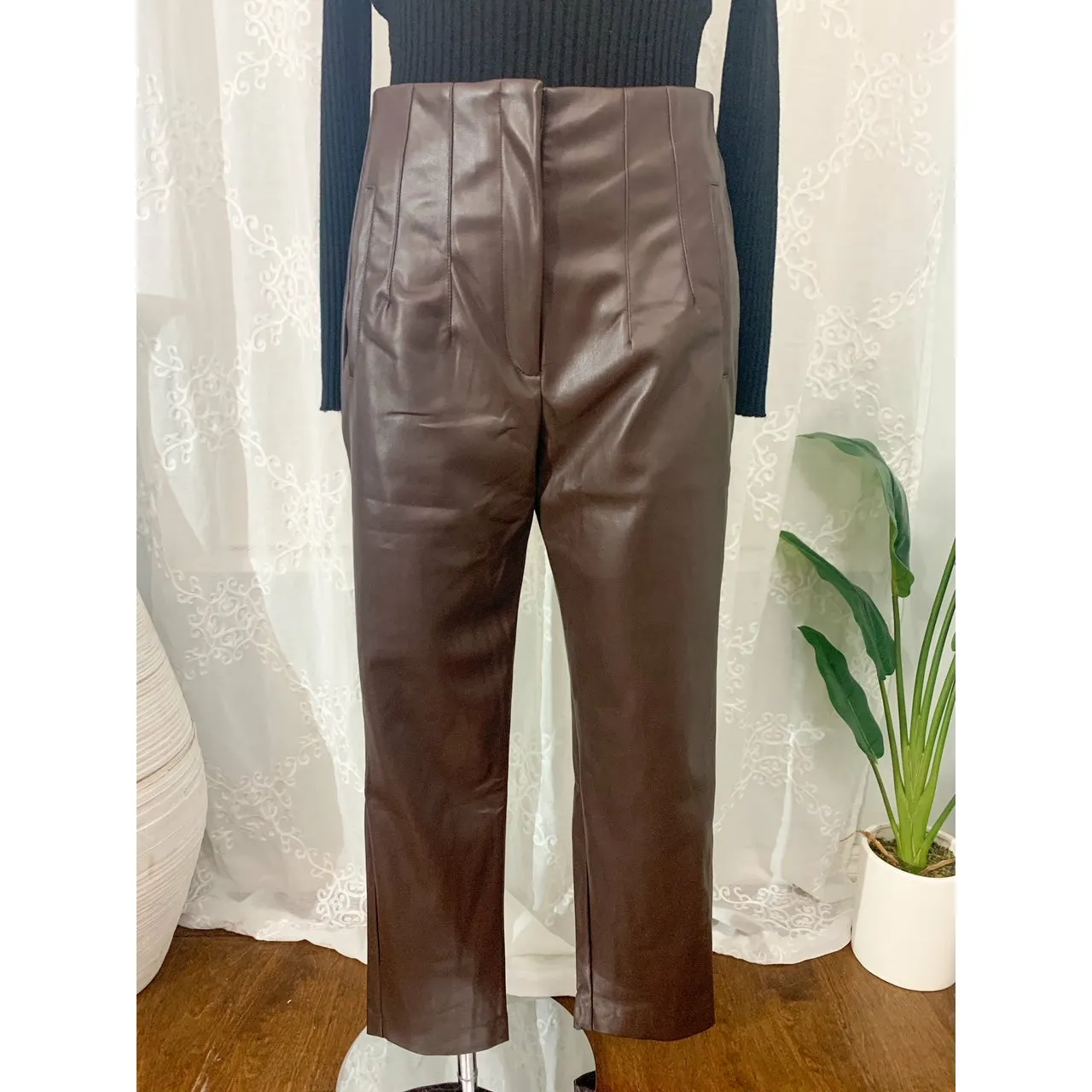 It's Time High Waist Faux Leather Pants - Brown