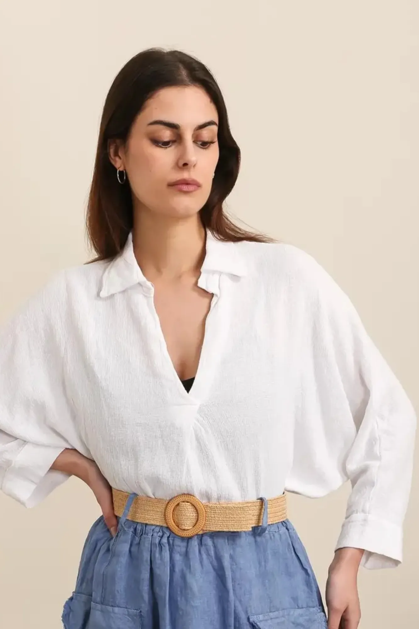 'Jude' Linen Shirt Top - White/Grey