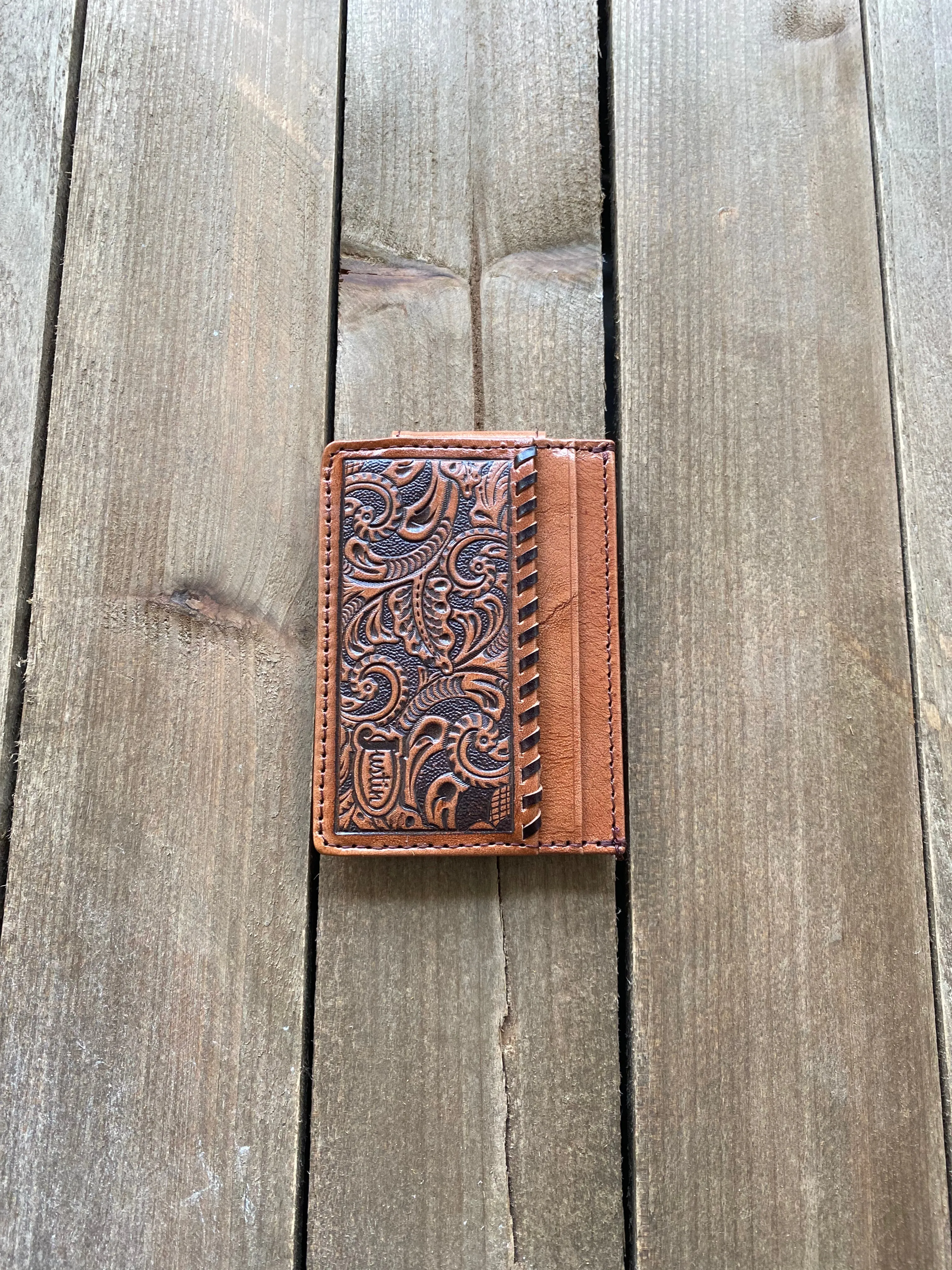 Justin's Card Wallet With Magnetic Clip Tooled With Whipstitch