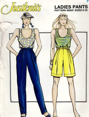 Justknits 96655 Womens Pull On Pleated Pants & Shorts 1980s Vintage Sewing Pattern Sizes 8 - 22 UNCUT Factory Folded