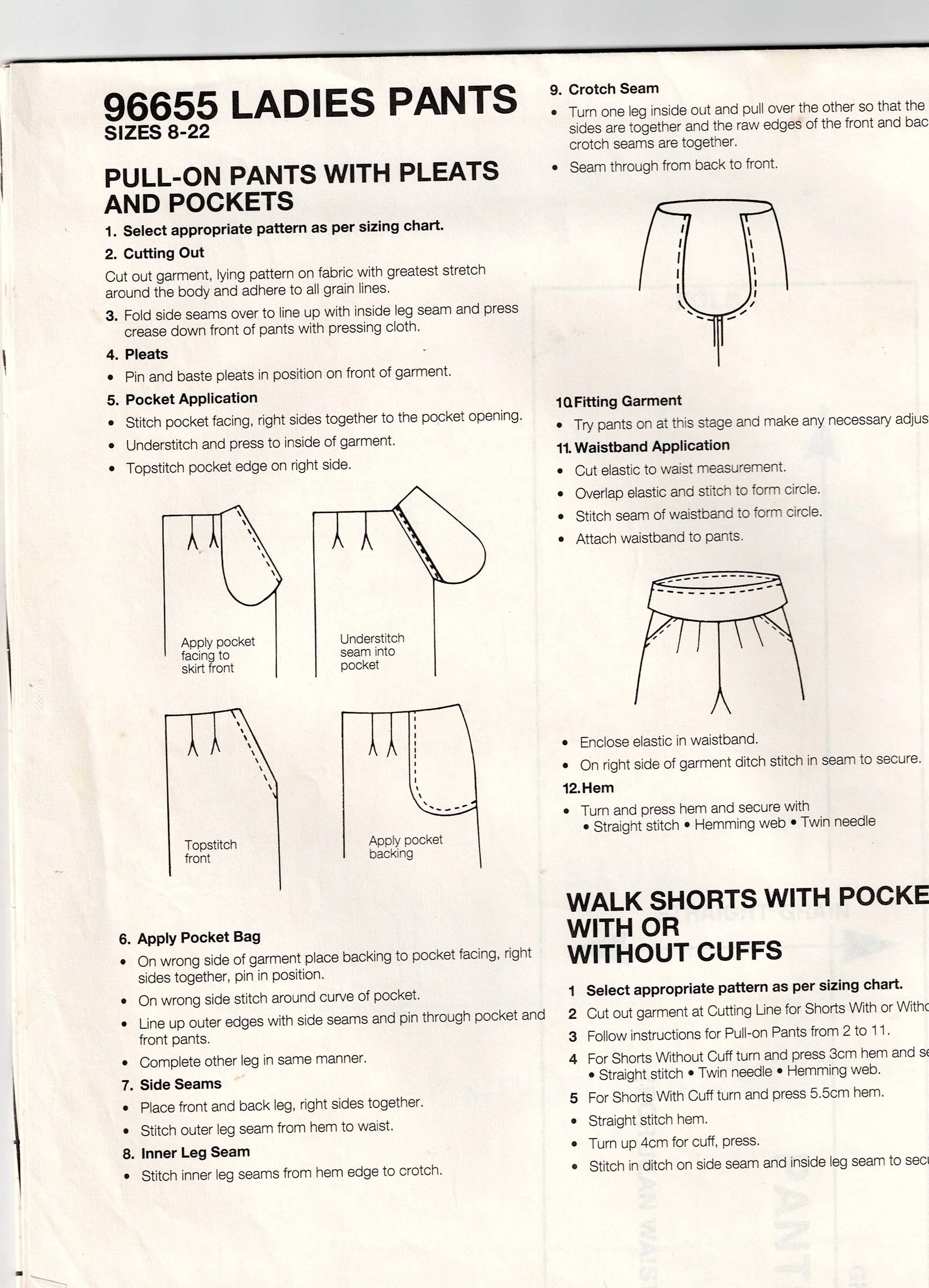 Justknits 96655 Womens Pull On Pleated Pants & Shorts 1980s Vintage Sewing Pattern Sizes 8 - 22 UNCUT Factory Folded