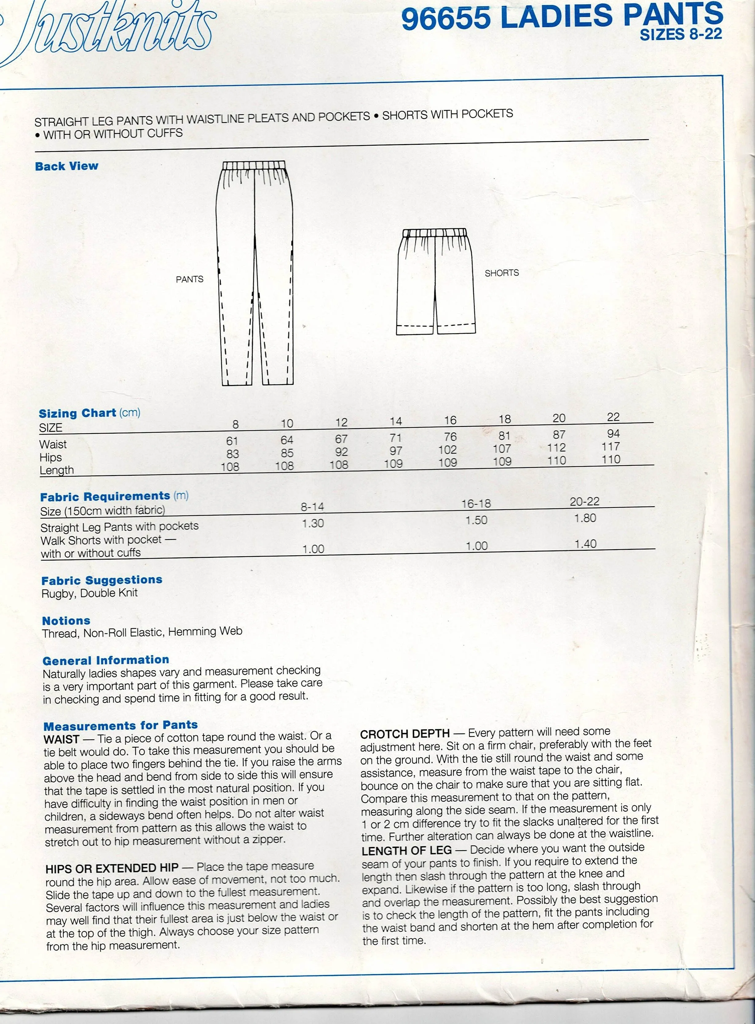 Justknits 96655 Womens Pull On Pleated Pants & Shorts 1980s Vintage Sewing Pattern Sizes 8 - 22 UNCUT Factory Folded