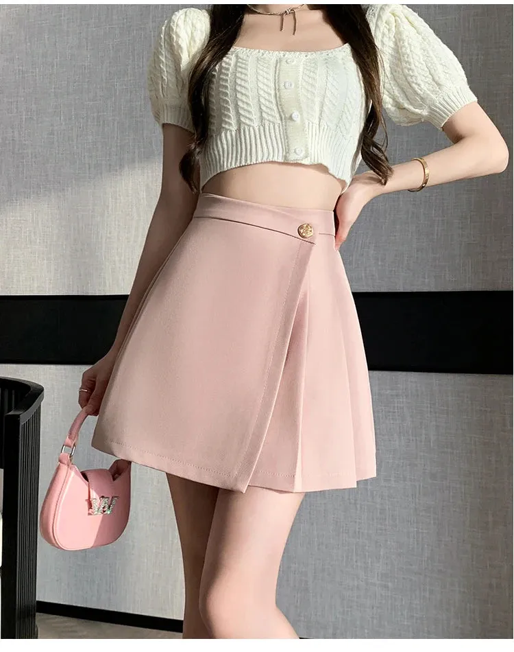 Korean High-Waist A-Line Mini Skirt – Women’s Spring Summer Pleated Irregular Short Skirt with Buttons, Casual Fashion