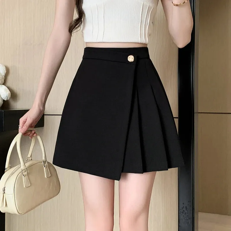 Korean High-Waist A-Line Mini Skirt – Women’s Spring Summer Pleated Irregular Short Skirt with Buttons, Casual Fashion