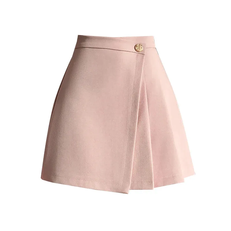 Korean High-Waist A-Line Mini Skirt – Women’s Spring Summer Pleated Irregular Short Skirt with Buttons, Casual Fashion