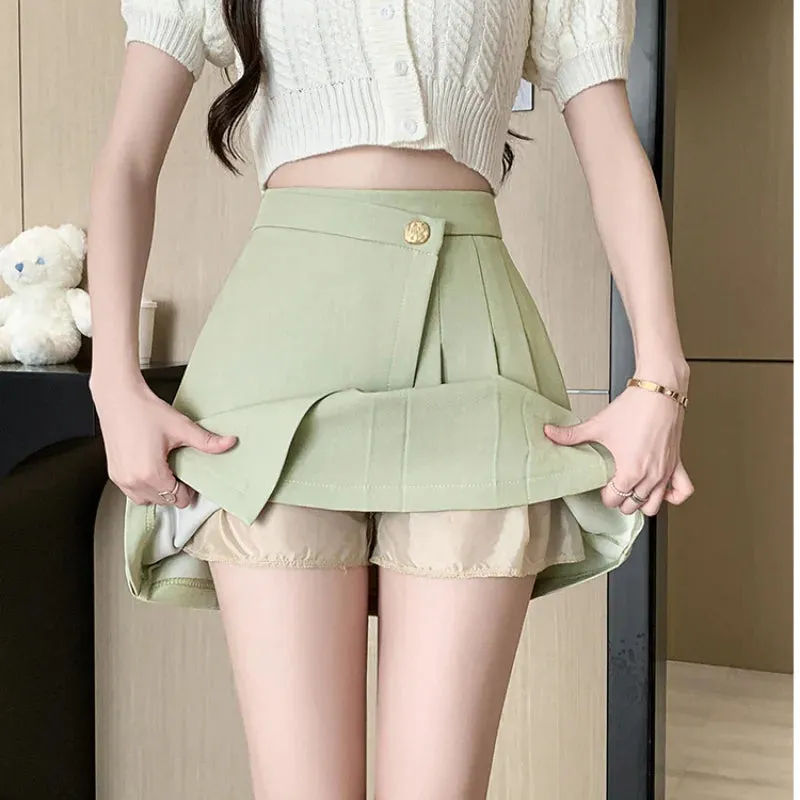 Korean High-Waist A-Line Mini Skirt – Women’s Spring Summer Pleated Irregular Short Skirt with Buttons, Casual Fashion